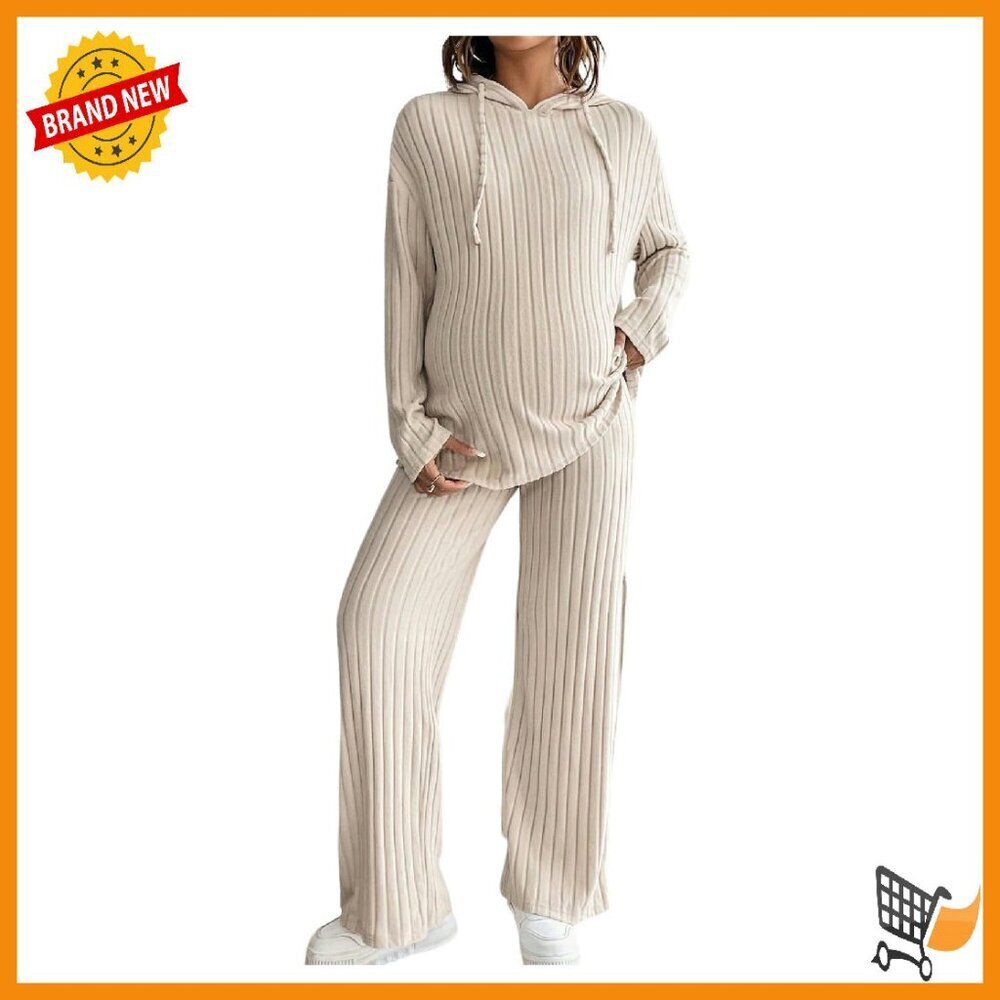 Maternity Lounge Set Ribbed Knit Hoodie Pants Casual Comfort